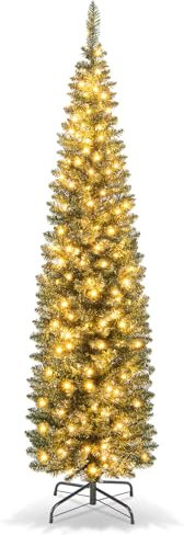 COSTWAY Albero di Natale Slim da 150/180/210 CM, Albero di Natale Artificiale con 150/180/200 Luci LED Bianche Calde, 296/390/499 Punte di Ramo e Supporto Pieghevole in Metallo (180 cm)