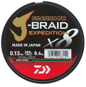 DAIWA J-Braid Expedition X8E, 0.24mm, 22.2kg/49.0lbs, 300m, Dark Green, Braided Fishing Line, 12551-124