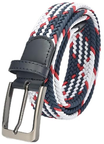 Uoocg Gürtel Unisex 3,4 cm – Elastischer Flechtgürtel aus Polyester, Dehnbarer Stoffgürtel für Damen & Herren, Adjustable Gürtel für Hosen & Röcke | Größen auswählbar | Blau-Weiß-Rot | 110cm