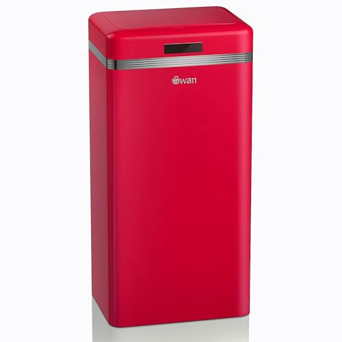 Swan Retro Automatic Kitchen Trash Can, Motion Sensor, 45 Litres, Metal, Smart Recycling Bin, Large Capacity, Vintage Design, Red