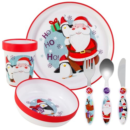 Christmas Xmas Kids 6 Piece Reusable Dinner Set - Plate/Bowl/Cup/Knife/Fork/Spoon - Childrens Dinnerware Tableware Cutlery Set