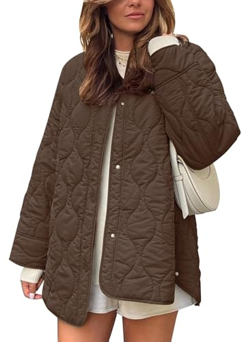 Flygo Women's Oversized Quilted Lightweight Jacket Button Down Puffer Padded Outerwear with Pocket(Coffee-XL)