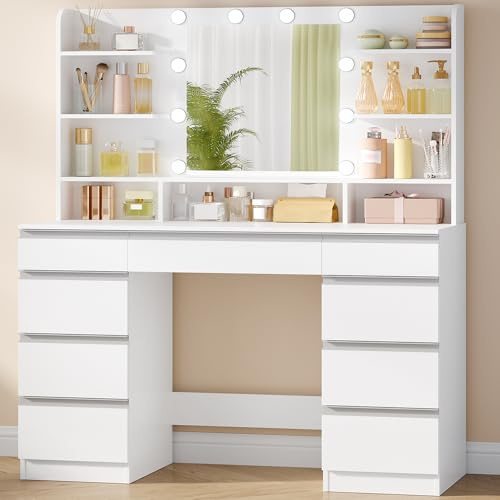 Hzuaneri Große Schminktisch mit LED-Beleuchtung, 10 LED-Lichtkugeln, 3 Farben, einstellbare Helligkeit, Frisiertisch mit Spiegel, 9 Schubladen, 9 offenen Ablagen, moderner Stil, Weiß-Silber DT35703WV1