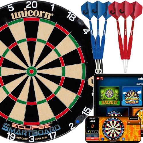 Unicorn Diana electrónica | Eclipse Smartboard | Cerdas de sisal Tradicionales | Se Conecta a la aplicación Bluetooth Scorebuddy | Incluye 6 Dardos de Punta de Acero
