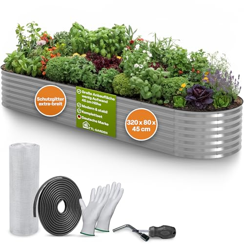 TTL GARDEN 320 x 80 x 45 cm Spirit XL - Bancal alto de metal plateado - acero inoxidable galvanizado, forma ovalada, muy grande, estable y resistente a la intemperie, para verduras, hierbas, flores