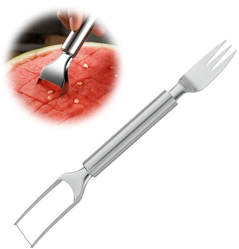 wilcractk 2 en 1 Cortador de Sandia de Acero Inoxidable, Tenedor de Frutas de Doble Cabeza para Cocinar, Acampar, Fiestas Familiares (1 Pieza)