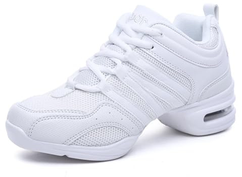 Prcfurdcge Women Dance Sneakers Jazz Shoes Lace-up Sneaker,Air Cushion Mesh Slip Jazz Dance Athletic Walking Shoes White 7M