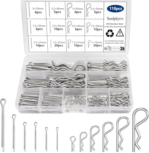Sandphyrre Cotter Pins Assortment Kit, 304 Stainless Steel 12 Sizes R Clips and Split Pins, Spring clips for Hitch Pin Lock Systems