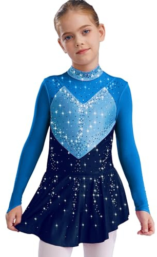 Linjinx Vestito da Pattinaggio Artistico per Bambina Body Ballet Manica Lunga Dettagli con Pietre Scintillanti Costume Gara Pattinaggio per Esibizioni Anni Blu 7-8 Anni