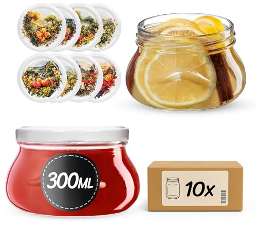 KADAX Barattoli per marmellata da 300 ml con tappo a vite fi82 mm, piccoli barattoli per miele e spezie, barattoli per marmellata con coperchio, barattoli ermetici da regalare (frutteto, 10 pezzi)