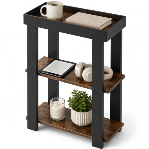 ZEXVIDA Narrow Side Table, 3-Tier Side Table, Rustic Farmhouse Narrow End Table with Storage, Slim Table Nightstand for Small Spaces, Bedroom or Living Room (Rustic Brown)