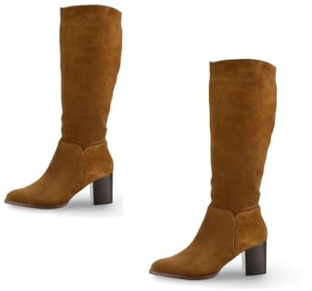 Ladies Womens Leather Knee High Block Heel Zip Up Biker Riding Boots Tan Size 3-9 (Tan, 6, UK Footwear Size System, Adult, Women, Numeric, Medium, 6)