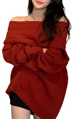 Elegante maglione invernale con spalle scoperte manica lunga pullover oversize top elevare il tuo gioco di moda maglieria donna, Rosso, Taglia unica