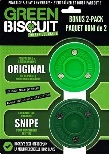 Green Biscuit Bonus -Home Practice - 2 Pack, Original Green (Passing) Snipe (Shooting) - NHL Official Off Ice Hockey Pucks Combo for Better Stick Handling, Passing, and Shooting - Sport court Tile Surfaces, Street Hockey Pucks