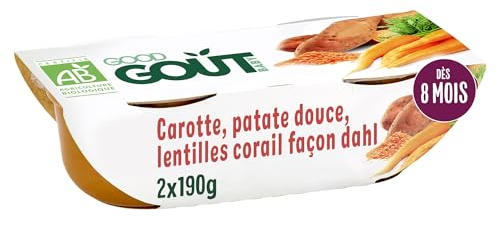 GOOD GOÛT - Carottes, Patates Douces, Lentilles Corail Façon Dahl - Plat Cuisiné Pour Bébé - Dès 8 Mois - Purée Moulinée - Fabriqué En France - Bols Micro-Ondables - 2x190g