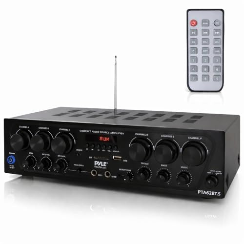 Pyle Bluetooth Wireless Home Amplifier System - Upgraded 6 Channel Audio, 750 Watt Power, Easy Karaoke, Stereo Receiver w USB-A, Micro SD, Headphone, 2 Microphone Input w/Echo, Talkover for PA