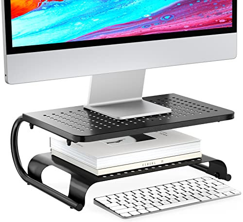 Monitor Riser Desktop Stand with Vented Metal and 2 Tier Desk Organizer Stand for Computer, Laptop, LED, LCD, OLED Flat Screen Display, iMac and Printer (STT001B) by WALI, Black, 1 Pack