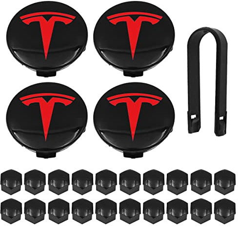 WANGCL 25PCS Wheel Cap Kit with 4 Center Hub Cap 20 Lug Nut Cover 1 Puller Fit for Model 3 Model Y Model S Model X -Red T