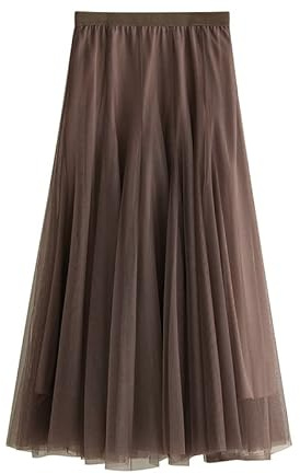 Daysskk Jupe en Tulle Femme A-Ligne Maxi Jupe Femme Taille Élastique Jupe en Tulle Femme Longue Taille Unique, Marron Clair, Taille Unique