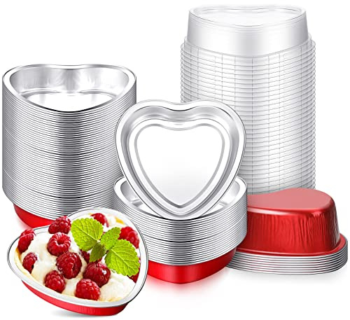 Yinkin 50 Set 9 oz Heart Shaped Aluminum Cake Pan with Lid Disposable Heart Foil Tin Pans Cupcake Liners Muffin Tins for Mother's Day Wedding Bridal Shower Baking Supplies (Red)