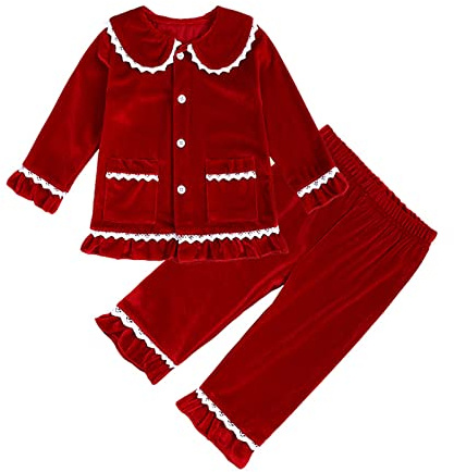Alunsito Kids Velvet Pajamas Set Toddler Button-Down Solid Long-Sleeve T-Shirt Top + Pants 2PCS Christmas Outfits Clothes 80 Red Pants A 9-12 Months