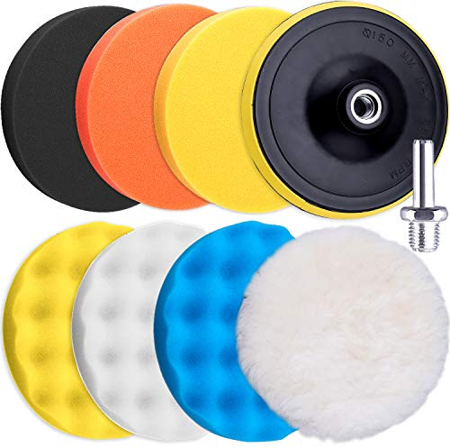 SIQUK 9 Piezas Esponja Pulir Coche 130mm Esponjas de Pulido Taladro Almohadillas de Pulido con Taladro Adaptador para Coche Encerado Lijado