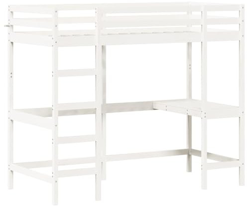 vidaXL Hochbett mit Schreibtisch, Bett für Kinder ab 6 Jahren, Stockbett mit Sperrholzlatten, Etagenbett Kinderbett, Weiß 90x190cm Massivholz Kiefer