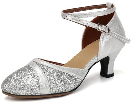 Uonpie Damen Latein Tanzschuhe Silber Geschlossene Zehe Pailletten Schuhe Niedriger Absatz Gesellschaftstanzschuhe mit 5cm Absatz, 36EU