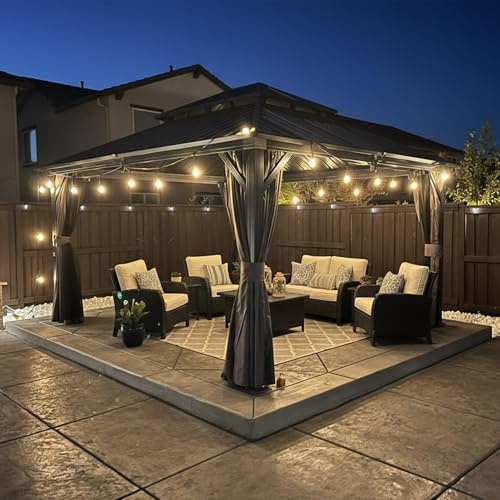 PURPLE LEAF Tonnelle de Jardin Extérieur 4,25 x 3,65 m avec Éclairage Intégré, Pavillon Aluminium à Double Toit en Acier Galvanisé, Pergola Jardin Extérieur avec Rideaux pour Fête, Barbecue, Gris