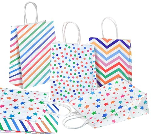 12 PCS Rainbow Paper Party Bags with Handles 4 Different Coloured Paper Bags Kraft Paper Candy Bags Gifts Bags Favour Bags for Kids Party Sweets Birthday (21X15X8 cm)