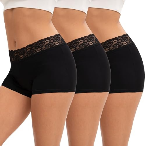 INNERSY Womens Boxers Underwear Lace Ladies Boy Shorts, 10, 3 Classic Black