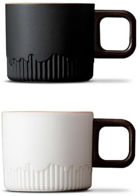 Roucerlin Set of 2 Ceramic Espresso Cups with Wooden Handle, 2.7 Oz/80 ml Porcelain Coffee Mug, Demitasse Tea Cup, Yerba Mate Cup for Latte Cappuccino Mocha Coco (Black & White)