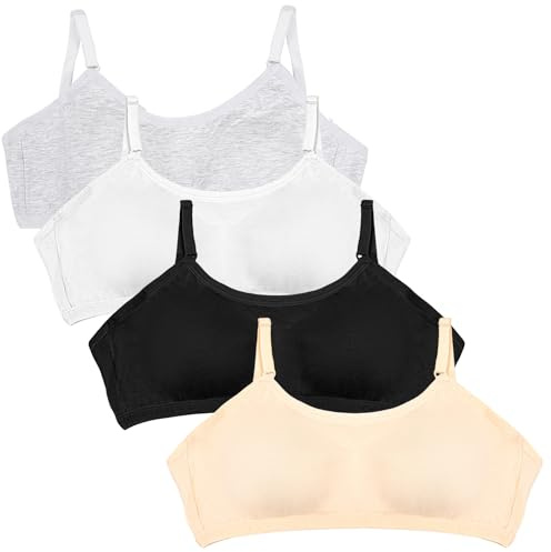 Kunoli 4 Pack Girls Sports Bra Training Bra, Kids Teen Sports Bra with Adjustable Eye Hooks and Straps, Girls Crop Top Underwear for Teen (UK, Age, 12 Years, 16 Years, Regular)