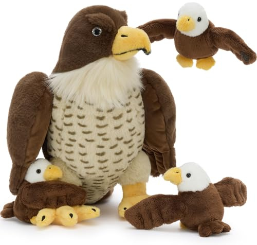 MorisMos Peluche Falco, 35cm Mamma Con 3 Cuddly Bambino, Animale Peluche Cuddly Giocattolo Morbido, Regali Per Bambini Ragazze Ragazzi Compleanno Festa Deco