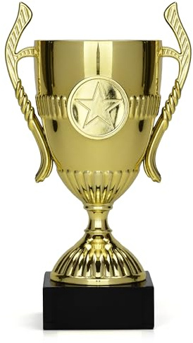 TROPHIESPLUSMEDALS Gold Merit Trophy Cup - 15cm, Winners Trophy for Sports and Leagues – Plastic Trophy Award with Marble Base - Includes 10 Achievement Stickers