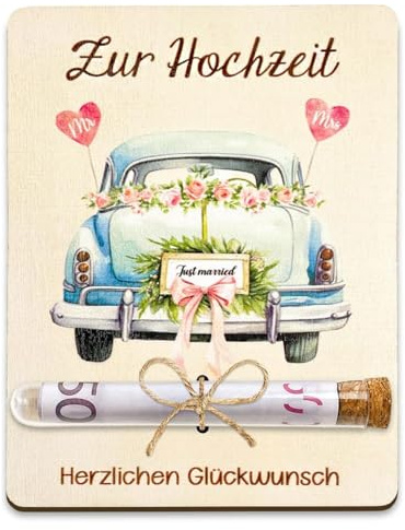 MOPZIJA Tarjeta de boda, Embalaje para regalos de boda con tubo de ensayo – Tarjeta de boda regalo dinero embalaje madera – regalo de boda para los novios – regalo de boda dinero – coche