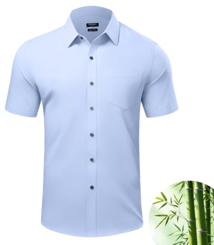 Casey Kevin Camisas Hombre Manga Corta Bambú Vestir y Negocios Camisa Verano Hombre Casual Regular Fit con Bolsillo Botones de Imitación Concha