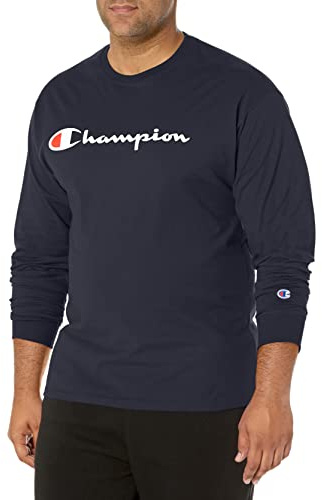 Champion Maglietta da Uomo, Classica a Maniche Lunghe, Comoda, Morbida, per Uomo (Reg. Or Big & Tall), Scritta Blu Navy, S