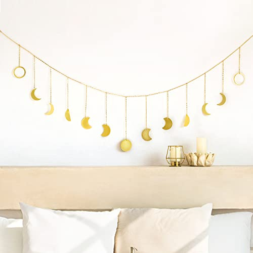 Mkono Moon Phase Wall Hanging Boho Aesthetic Room Decor Metal Moons Garland Hanging Art Bohemian Home Decoration for Girls Room Nursery Bedroom Livingroom Dorm, Ideal, Gold, 55
