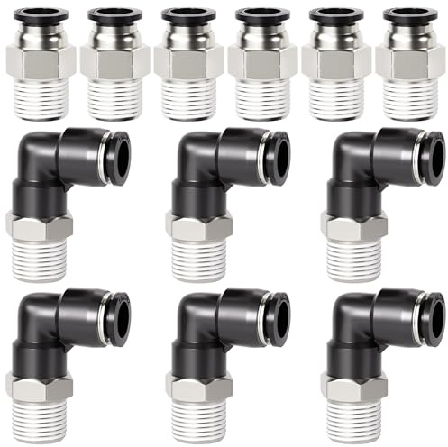 TAILONZ PNEUMATIC Elbow and Straight Combination 1/4 Inch Tube OD x 1/8 Inch NPT Thread Push to Connect Fittings PC-1/4-N1+PL-1/4-N1(Pack of 12)