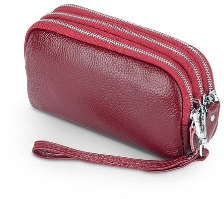 FORRICA Mujer Cartera Cuero Genuino Gran Capacidad Elegante Billeteras Cremallera Ligera Monederos Carteras de Piel para Dama con Correas de Muñeca Rojo