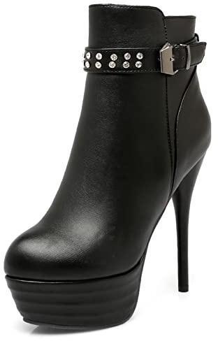 Bviennic Mujer Elegante Punta Redonda Plataforma Tacón Alto Botines Noche Boda Vestido Invierno Con Tachuelas Tacón De Aguja Botines Hebilla Negro Talla 44 EU-46Cn