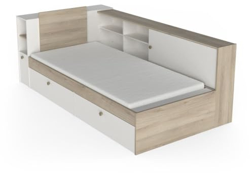 Lit 90x190/200 Simple avec Rangement 2 Porte 6 Niches 2 tiroirs – Blanc Mat & Chêne Clair 119,2 x 229,4 x 87,7 cm