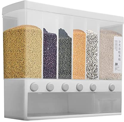 Youyijia 6 in1 Cereal Dispenser Dry Food Dispenser Storage Container Wall Mount Cereal Grain Rice Dispenser 6 Grid Rice Dispenser Food Bucket for Kitchen Home