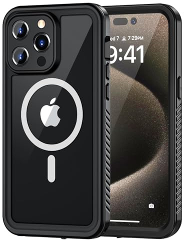 Lanhiem iPhone 15 Pro Max Magnetic Case, Waterproof Dustproof Shockproof Case with Built-in Screen Protector Compatible with Magsafe, Full Body Protective Cover for iPhone 15 Pro Max 6.7 inch -Black