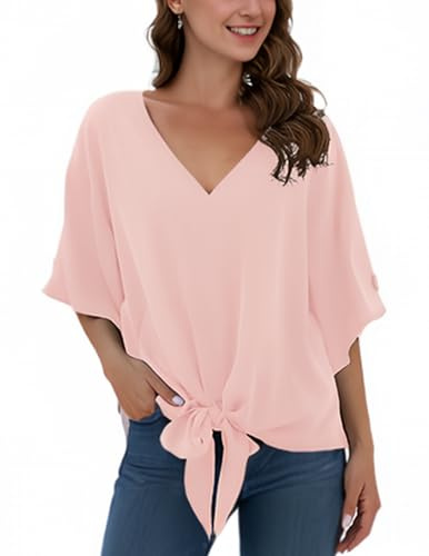 Anelune Ladies' Chiffon Blouses Short Sleeves Summer Tops, Pink, M