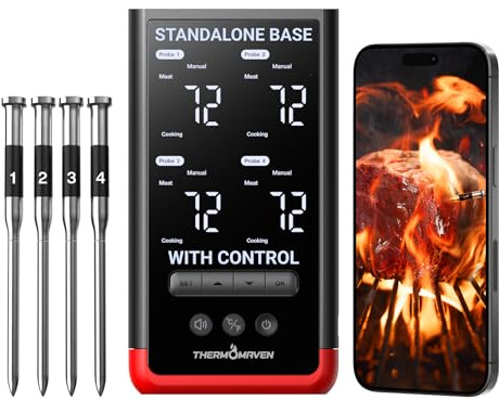 ThermoMaven Smart Bluetooth Wireless Meat Thermometer: Standalone Base, WiFi Unlimited Range, 6 Sensors with NIST Certified Accuracy, 4 Probes for Kitchen, BBQ, Grill, Oven, Smoker, Rotisserie