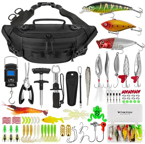 THKFISH 85 Bolsas de Pesca con Caja de Aparejos incluida para Kit de Aparejos de Pesca con Mosca, riñonera Impermeable con Equipo de Pesca, señuelos, Kit de alicates de Pescado, Agarre de Labios