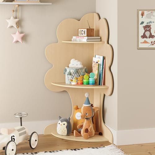 LUE BONA Bücherregal Kinder,Kinderbuchregal Eckbuchregal,Aufbewahrungsregal Baumförmige Kinder,3 Fächer Design,Geeignet für Kleinkinder und Grundschüler,Natur