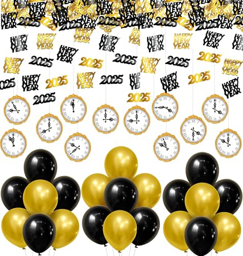 KatchOn New Years Eve Party Supplies 2025 - Pack of 47 | Happy New Year Balloons & Decorations | Black & Gold New Years Clock Decorations